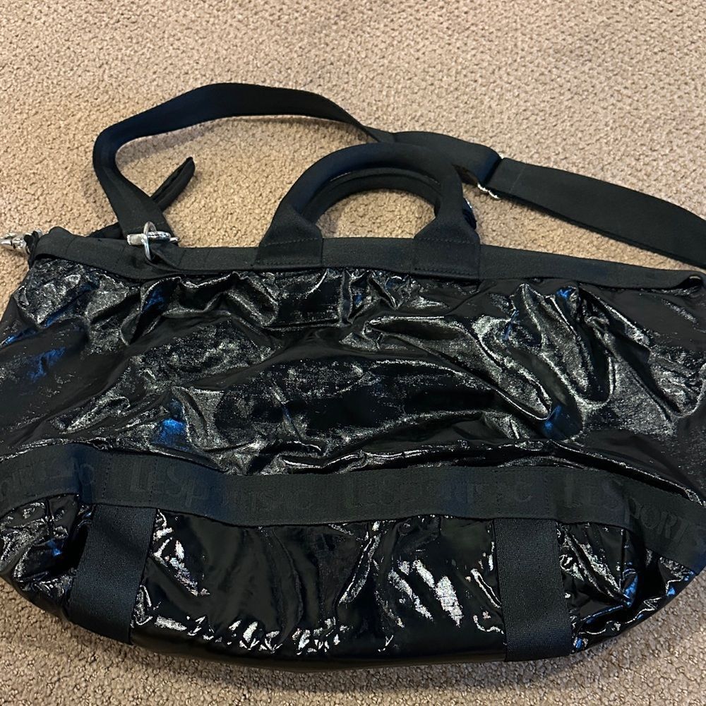 LeSportsac Black Shiny Double Strap Overnight Bag